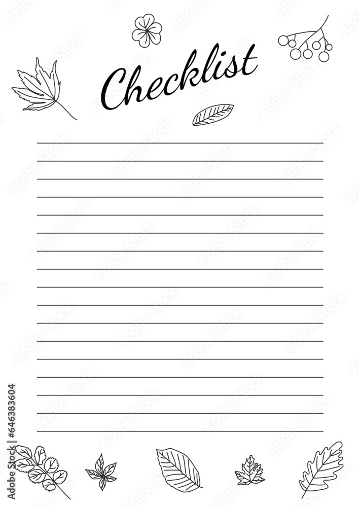 A simple black and white planner note template, daily, weekly planner, decorated with maple, birch, oak, rowan leaves, schedule and organization A simple black and white planner note template, daily, weekly planner, decorated with maple, birch, oak, rowan leaves, schedule and organization
