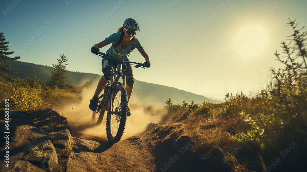 Naklejka premium Adventurous Mountain Biker Swiftly Descending a Thrilling Trail: Exhilarating Outdoor Recreational Lifestyle Sport Amidst the Beauty of Nature