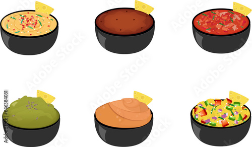 The mexican dips sauce with bowl-Queso dip,Enchilada sauce,Salsa,Pepita pesto,Chipotle Mayo, Mango salsa 