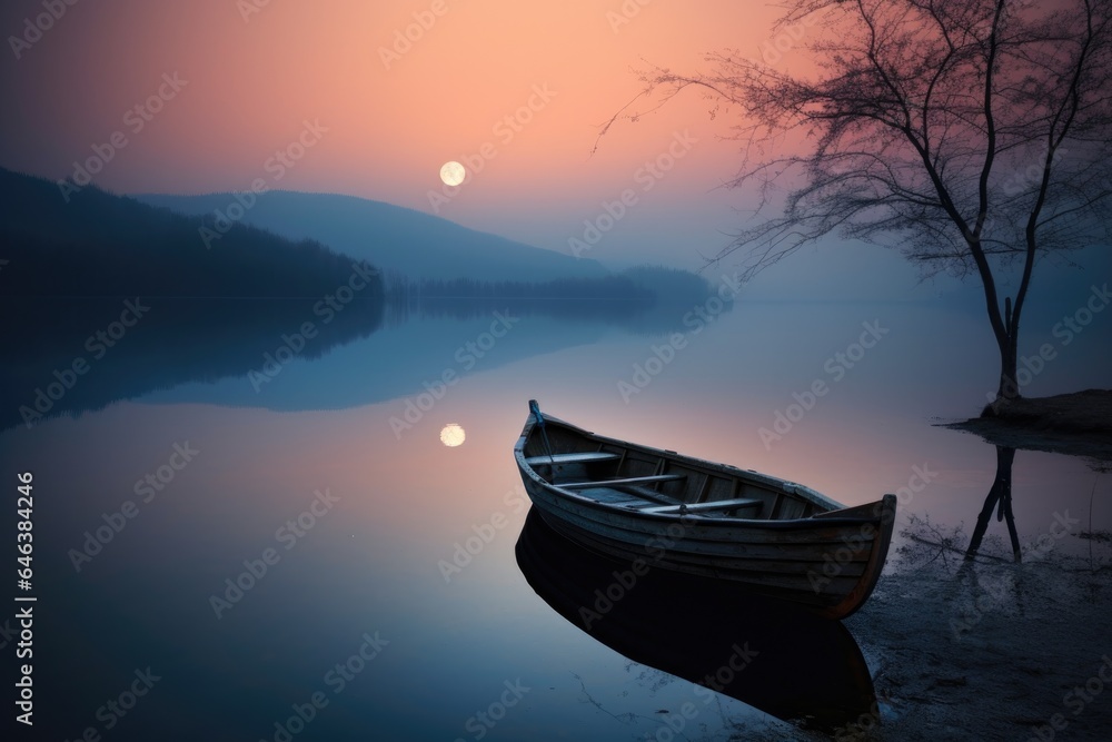 a solitary rowboat on a calm lake under the glow of the moon