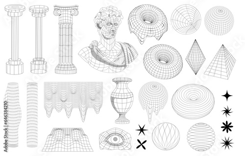 Retro futuristic set. Wireframe sculpture and statue, surreal geometric shapes, wireframe, cyberpunk elements and perspective grid.