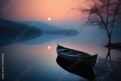 a solitary rowboat on a calm lake under the glow of the moon