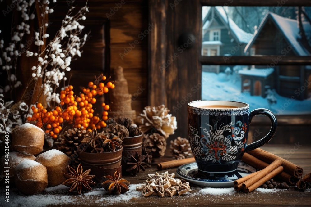 aromatic coffee in a mug surrounded by winter decorations