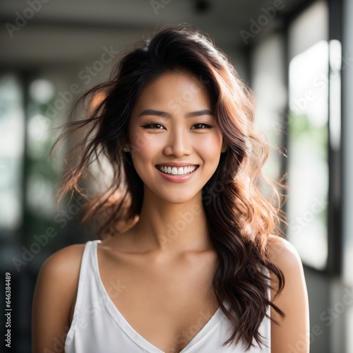 A closeup portrait of a beautiful young asian women. She smiling to camera clean teeths