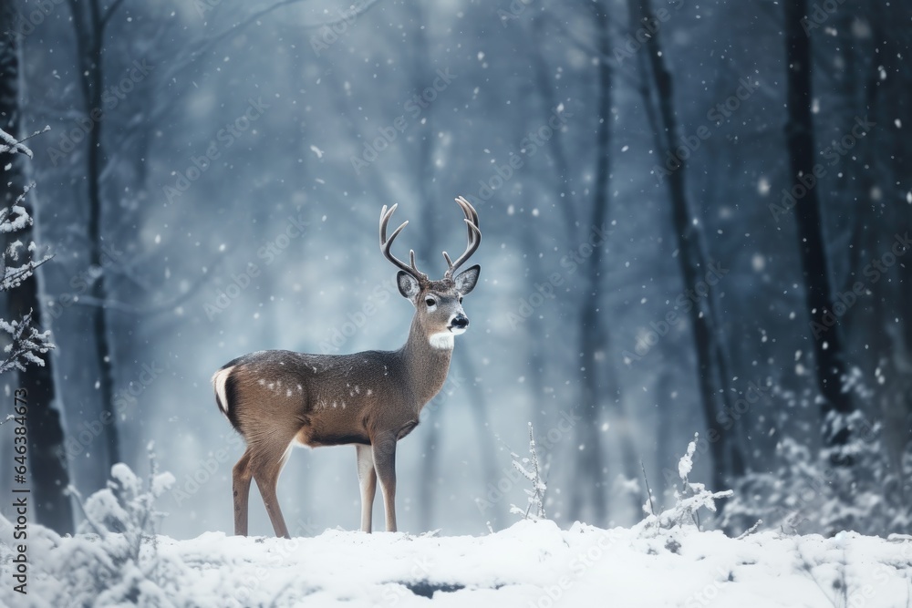 Fototapeta premium a deer standing in a snowy field, snowflakes gently falling around
