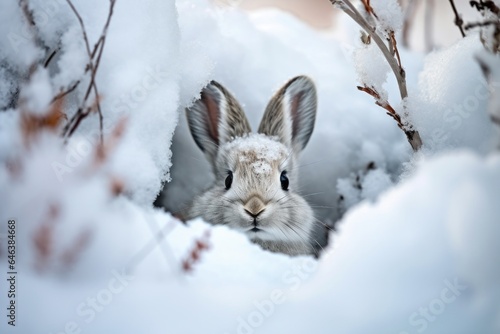 a rabbit emerging from its burrow after a fresh snowfall © altitudevisual