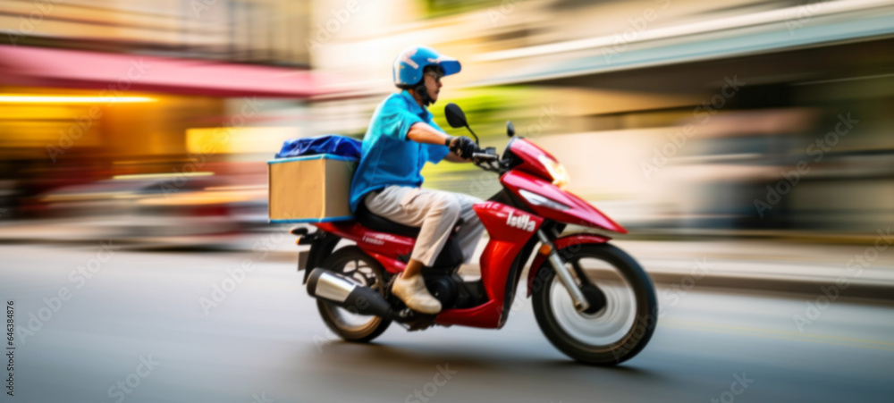 Courier, delivery man on the motorcycles in the street, Fast transport express home delivery online order, food delivery, Blurred image