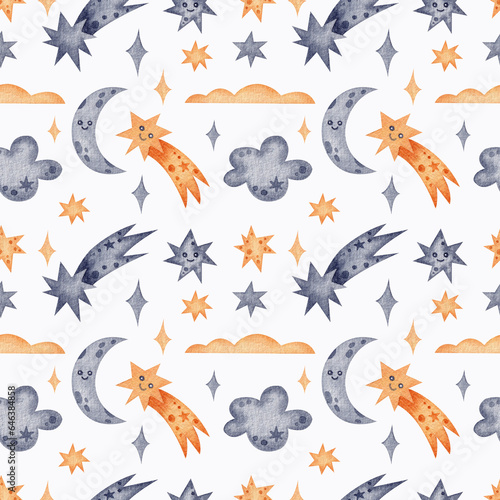 Seamless pattern with cute moon, clouds and stars on a white background. Watercolor illustration. Child. Sky. Dreams. Print on fabric and paper. Art. Design. Handmade work. Wallpaper. Decorative.