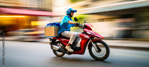 Courier  delivery man on the motorcycles in the street  Fast transport express home delivery online order  food delivery  Blurred image