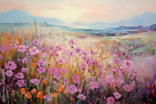Impressionist landscape with colorful flowers in various shades of pink and purple. Generative AI