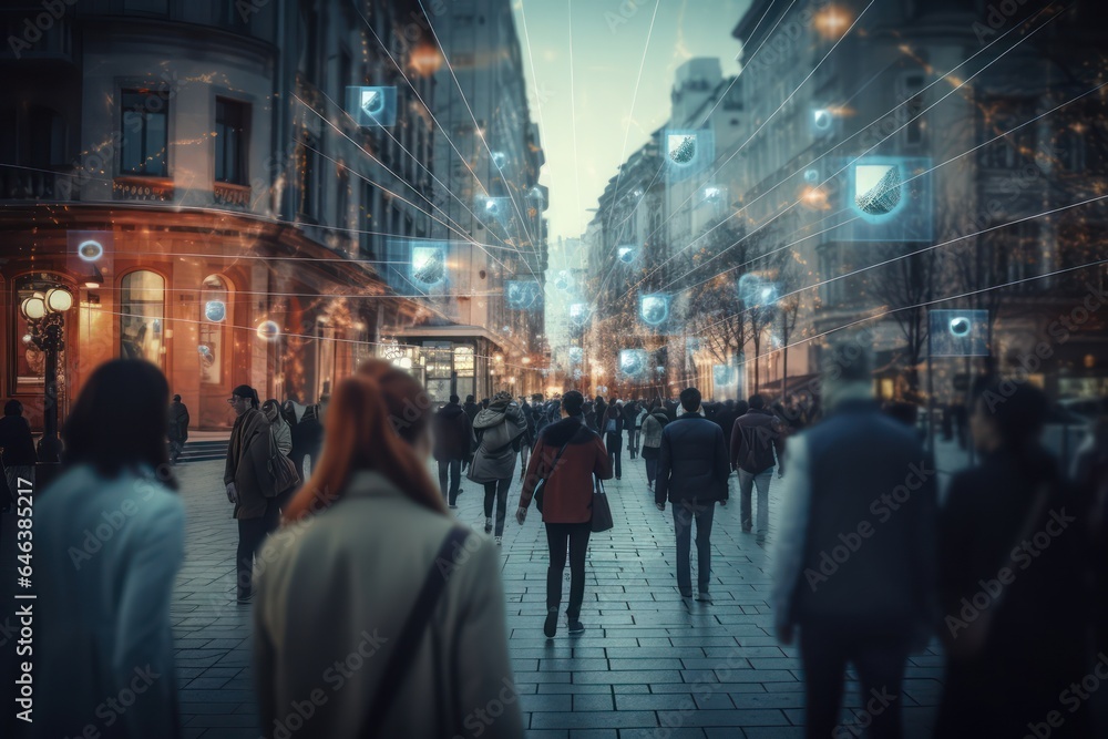Surveillance camera of a crowd of people walking along busy city streets. Face recognition big data comprehensive analysis interface, scanning and displaying information. Data collection. Espionage.
