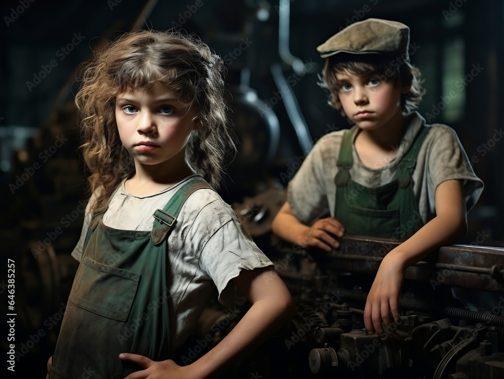 Obraz premium children at work in factory, generative ai