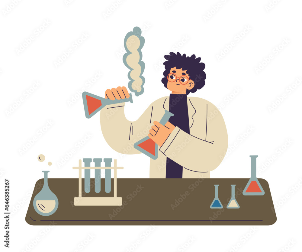 Little Boy Chemist and Scientist with Flask in Chemistry Lab Doing Scientific Experiment Vector Illustration