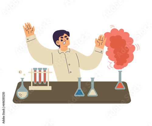 Little Frown Boy Chemist and Scientist with Flask in Chemistry Lab Doing Scientific Experiment with Failure Vector Illustration