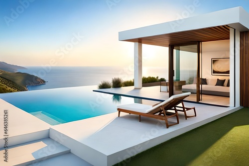 Traditional house with white stucco wall with swimming pool. Summer vacation background.