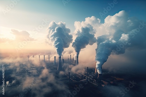 Smokestack pipes emitting co2 from coal thermal power plant into atmosphere. Smoke from heating station in big city during winter season at sunset.