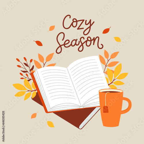 Card template with colorful books, cup and autumn leaves. Book reading concept. Template for greeting card, poster, banner, flyer.