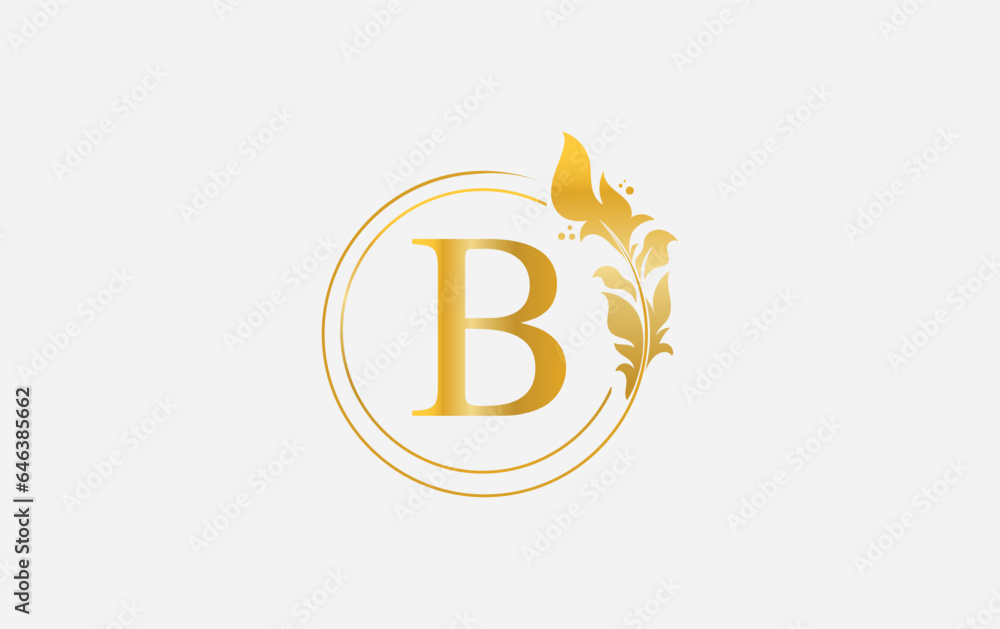 Golden leaf logo and golden circle monogram design vector. Golden beauty and business symbol