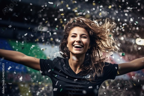 Portrait of a happy female sports player celebrating winning with confetti falling 