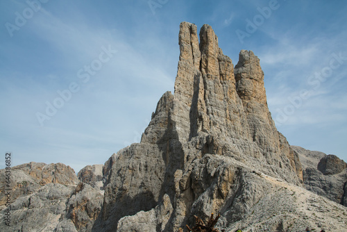 Beautiful view of Torri Del Vajolet and Rifugio Vajolet in Dolomites, South Tyrol, Italy photo