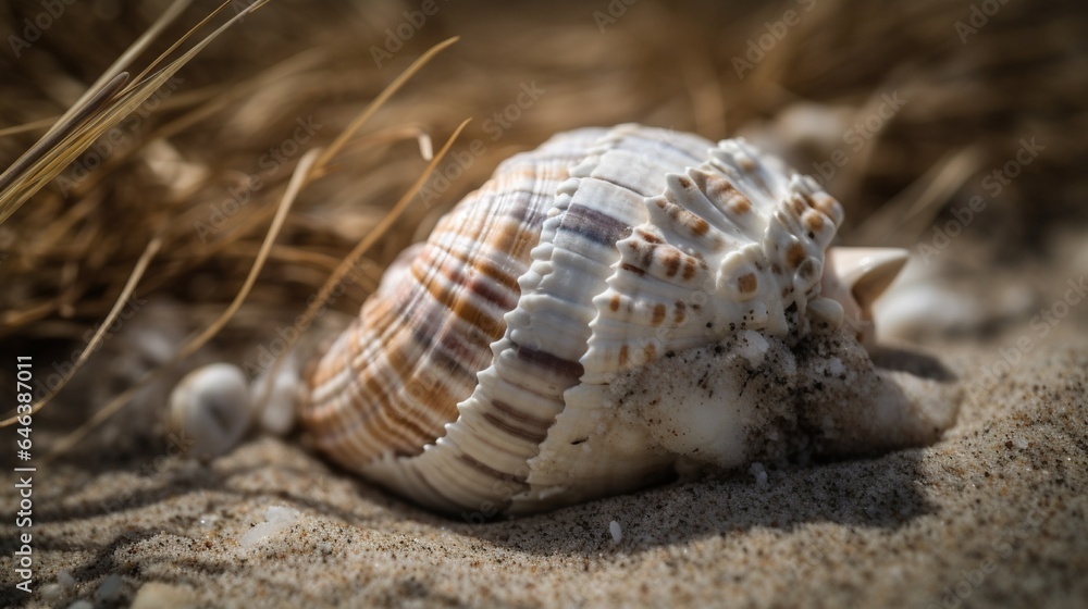 Sculpted Seashell on Sun-Kissed Sandy Beach - Coastal Elegance and Natural Beauty