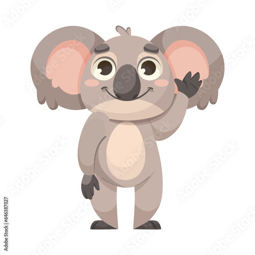 Cute Koala Character with Large Ears and Nose Waving Paw Greeting Vector Illustration