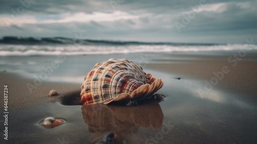 Serene Seashell on Misty Morning Beach - Coastal Tranquility and Ethereal Beauty