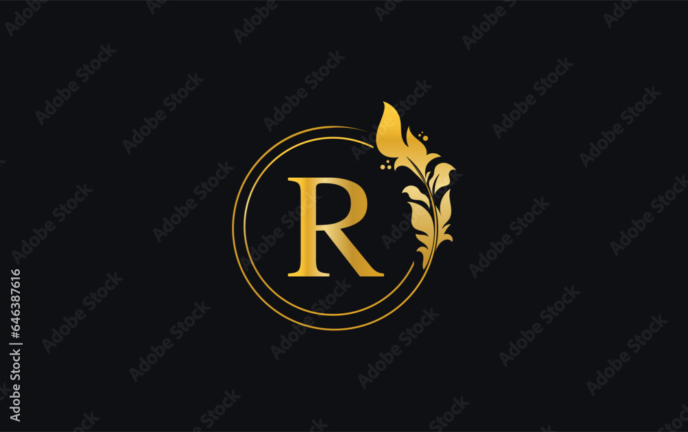 Golden leaf logo and golden circle monogram design vector. Golden beauty and business symbol Golden leaf logo and golden circle monogram design vector. Golden beauty and business symbol