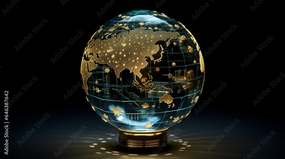 a mesmerizing photograph of a glass globe with intricate patterns of renewable energy symbols etched onto its surface, illustrating the diversity of clean energy sources