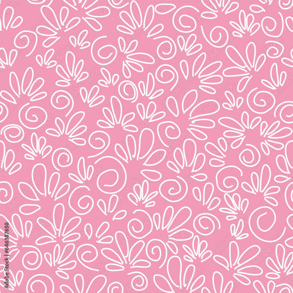 Seamless floral abstract pattern with white outline on pink background. Could be used as print, wrapping, wallpaper.