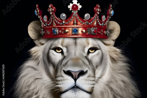 a white lion wearing a crown