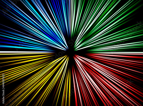 Fototapeta Naklejka Na Ścianę i Meble -  Abstract surface of radial zoom  blur in blue, red, green and yellow tones on black background. Spectacular colorful background with radial, radiating, diverging, converging lines.	
