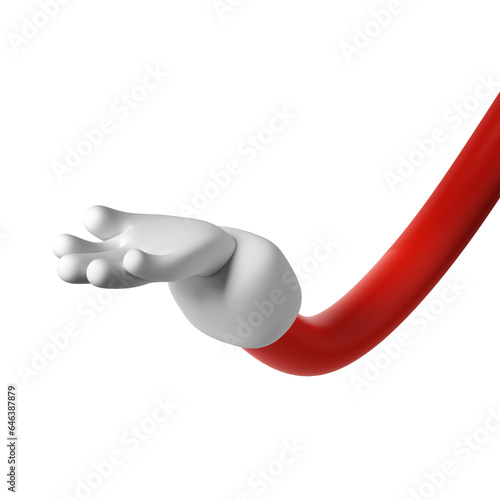 Cute cartoon hand 3D open palm hand of Santa Claus Christmas icon. Rendering winter take, giving, holding something. Friendly funny style transparent png gesture illustration