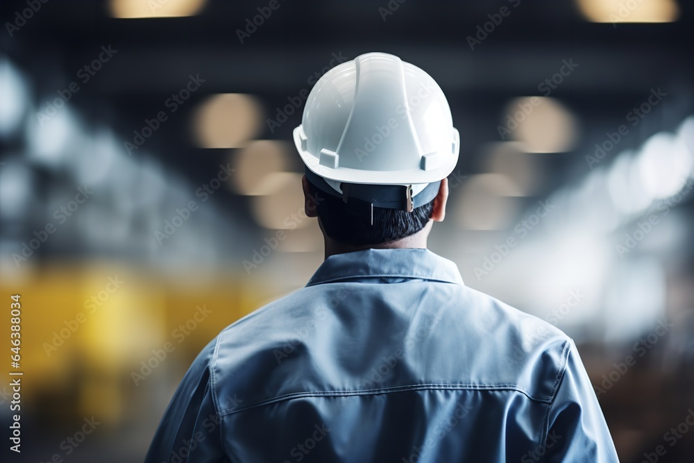photo of worker at work wearing hard hat and work clothes on a big factory photo of worker at work wearing hard hat and work clothes on a big factory