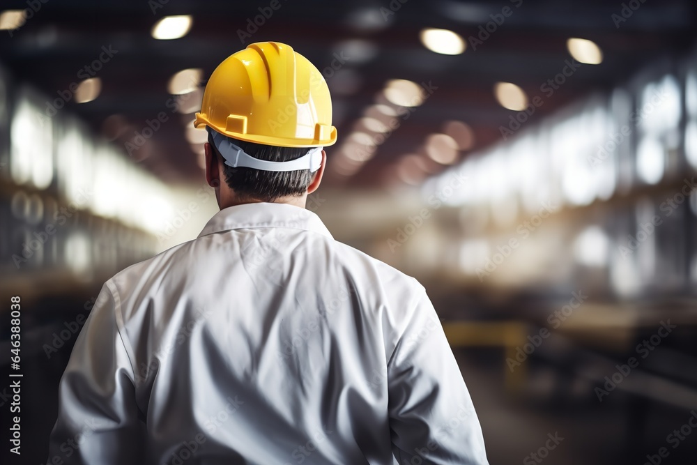 photo of worker at work wearing hard hat and work clothes on a big factory photo of worker at work wearing hard hat and work clothes on a big factory