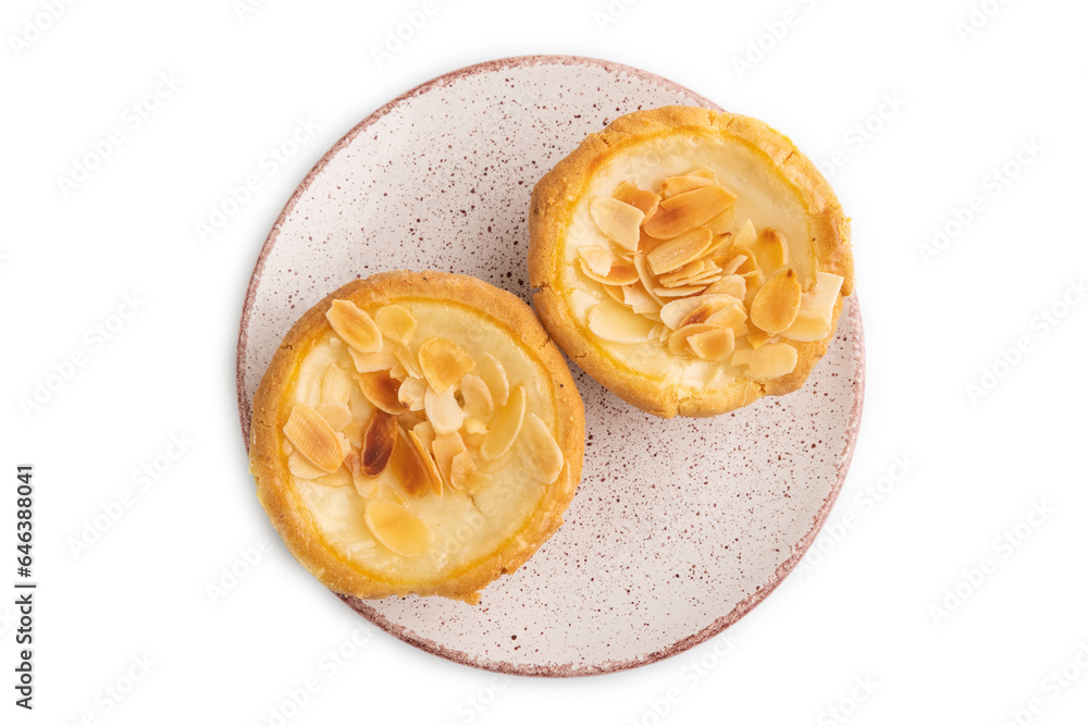 Traditional portuguese cakes pasteis de nata, custard small pies isolated on white. Top view. Traditional portuguese cakes pasteis de nata, custard small pies isolated on white. Top view.