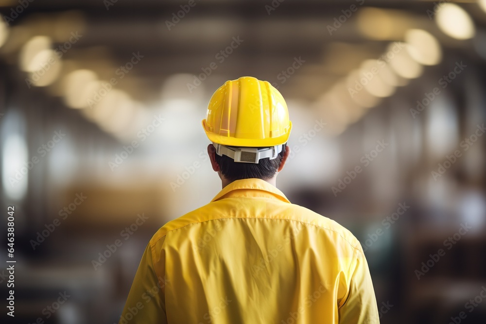 photo of worker at work wearing hard hat and work clothes on a big factory photo of worker at work wearing hard hat and work clothes on a big factory