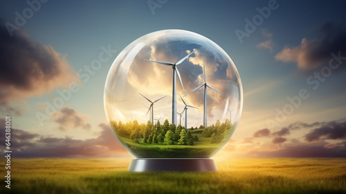 a mesmerizing picture of a glass globe encasing a miniature wind farm against a dramatic, cloud-filled sky, highlighting the elegance of wind energy © Ijaz