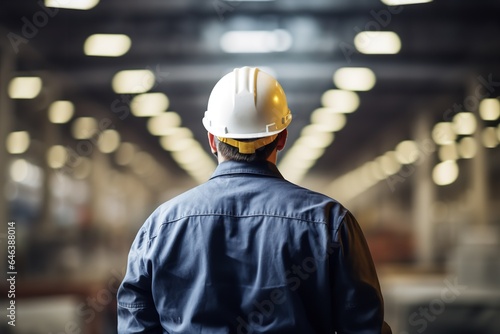 photo of worker at work wearing hard hat and work clothes on a big factory