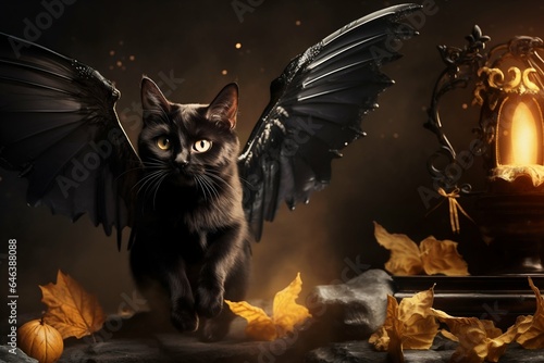 Black cat with bat wings. Mythical Creature on magical background. Magic lamp and autumn leaves next to Charmed cat