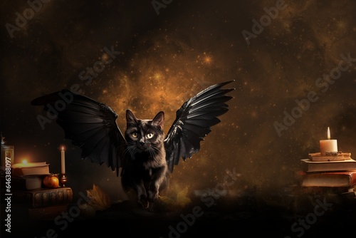 Black cat with ethereal bat wings. The mystical cat is set against a magical background. Magic books lie open, candles flicker.