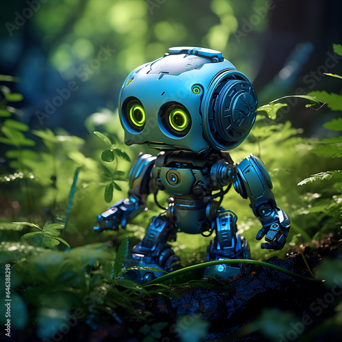 Small robot among ferns, in a whimsical woodland setting, highlighting a contrast between technology and nature.