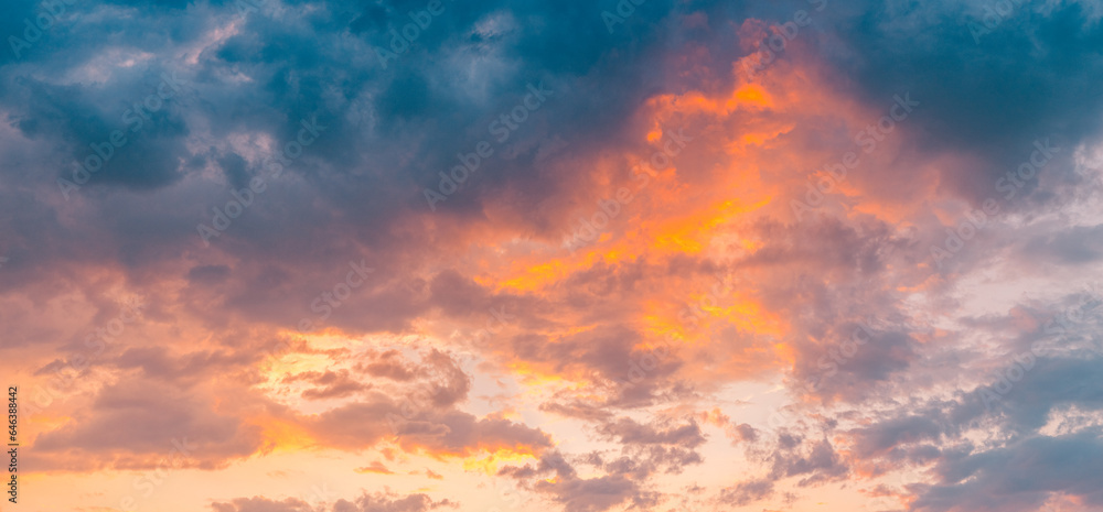 Morning sky bright golden yellow cloudy panoramic positive energy background. Inspire sunrise wide angle skyscape sun rays. Beautiful sunset skyline nature meditation motivation. Peaceful heaven dream