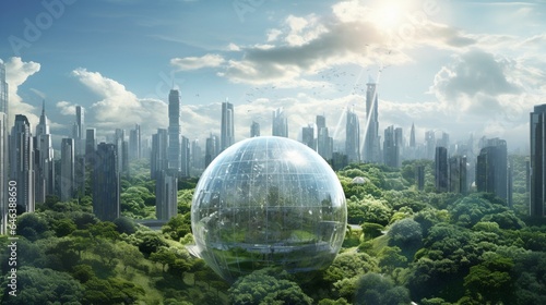 a scene featuring a glass globe integrated into a futuristic eco-metropolis, with transparent solar panels covering skyscrapers, illustrating urban sustainability