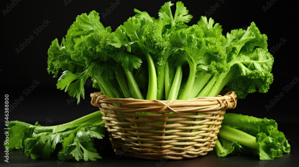 fresh green celery stalks in a wicker basket isolated on black background. fresh green celery stalks in a wicker basket isolated on black background.