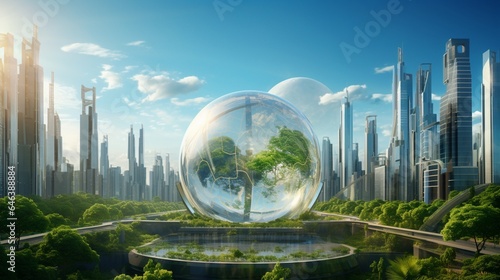  a scene featuring a glass globe integrated into a futuristic eco-metropolis, with transparent solar panels covering skyscrapers, illustrating urban sustainability © Ijaz