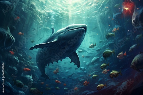 a big whale swimming in the sea surrounded by fish and water, with some fish near its head. Generative AI © Phoenix