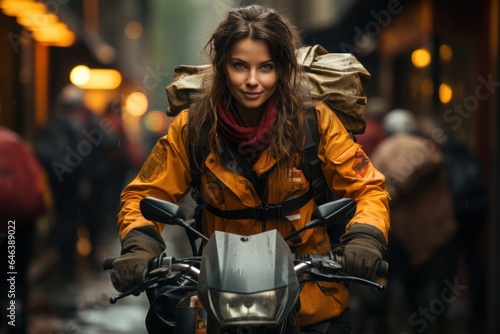 portrait of a young woman delivery on motorcycle