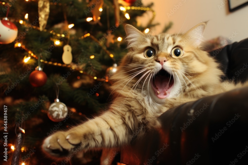 christmas concept. hooligan cat wants to drop the Christmas tree