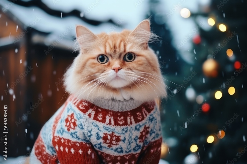 french bulldog in a red santa hat in a striped sweater, outdoors in the snow against the background of the Christmas tree copy space banner french bulldog in a red santa hat in a striped sweater, outdoors in the snow against the background of the Christmas tree copy space banner